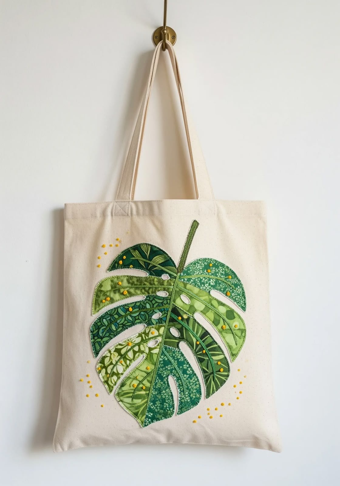 Monstera Leaf Appliqué Tote Bag hanging on a wall hook